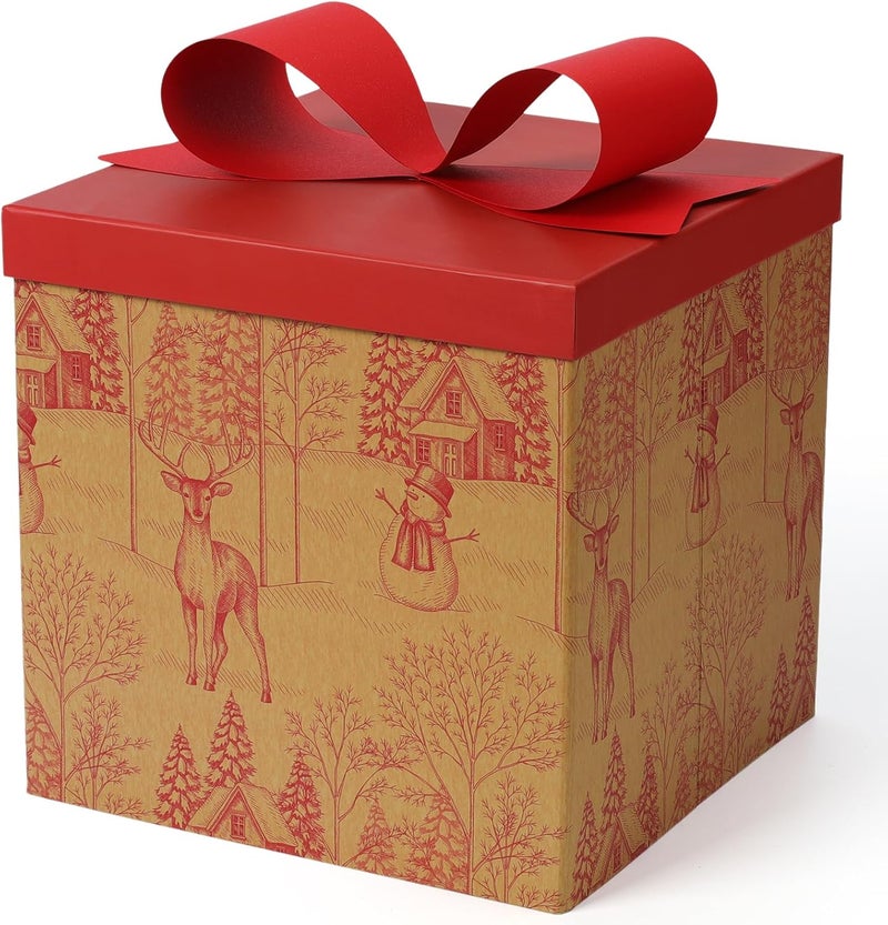 LaRibbons Large Christmas Gift Boxes with Lids, 10x10x10 Inches Rustic Red Winter Toile Theme with Deer Design Folding Square Gift Boxes for Christmas Decorative Xmas Present - Image 1